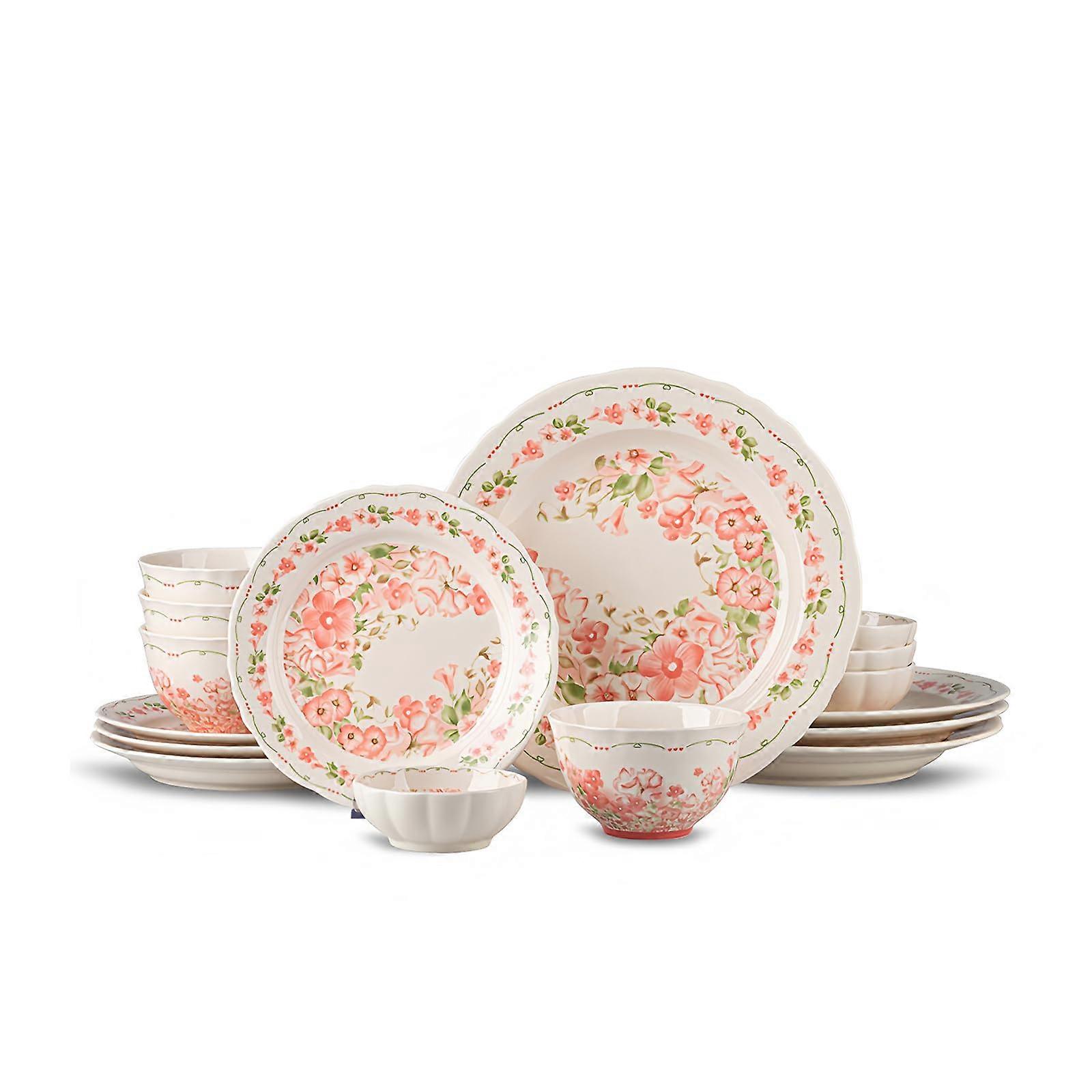 16 Piece Ceramic Dinnerware Set for 4, Scratch Resistant, Microwave Dishwasher Safe, Pink Blossom Design
