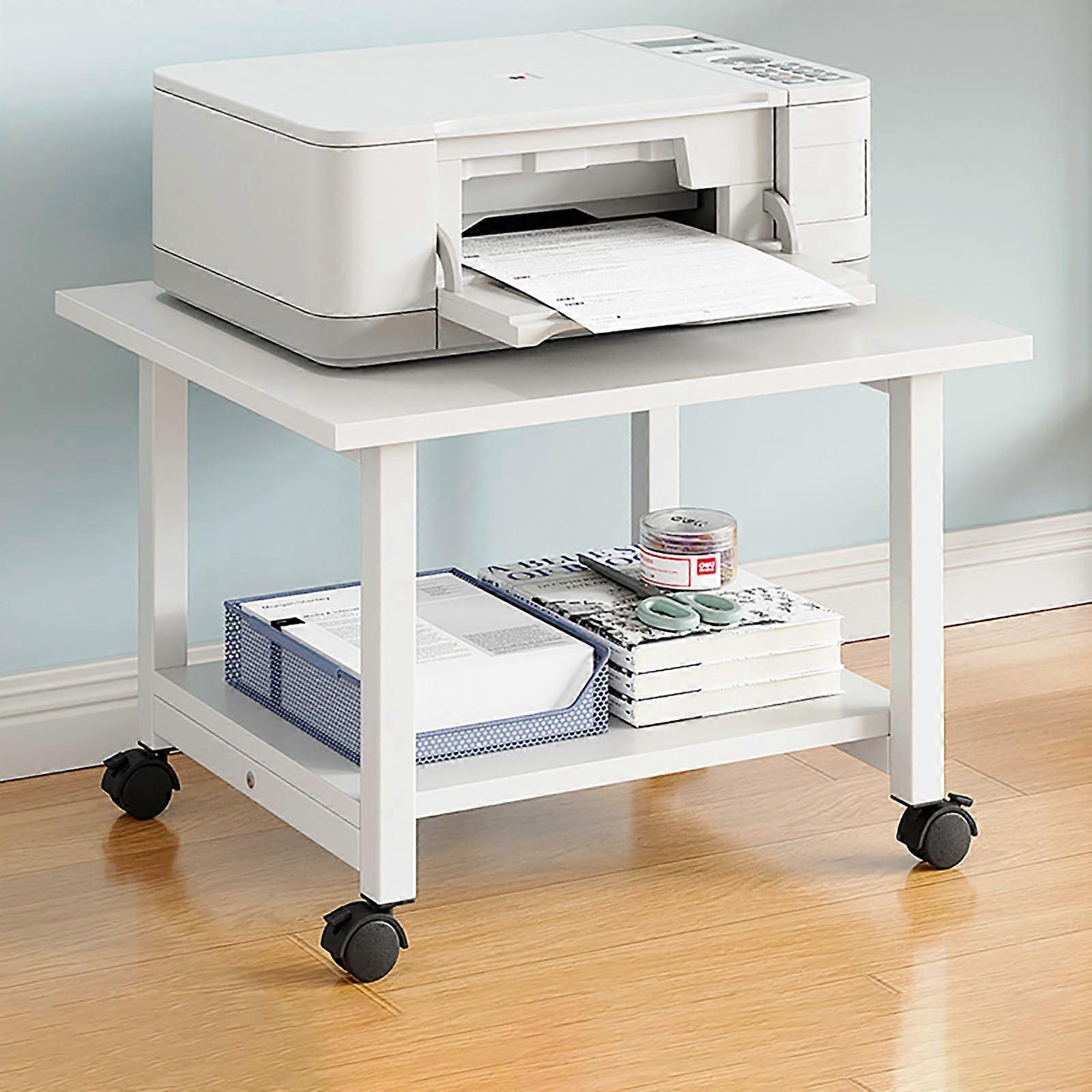 Printer Stand with Storage, 2Tier Under Desk Cart with Wheels, Adjustable Shelves, White