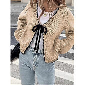 Women'S Tie Front Bow- Cardigan Sweaters Chunky Knit Long Puff Sleeve Trendy Fall Winter Jacket Coats Brown M