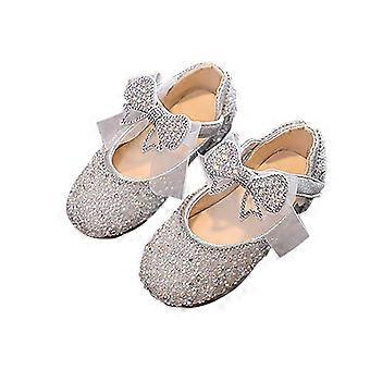 Meisjes glitter prinsessenjurkschoenen met strik, geschikt voor bruiloften, feestjes en bruidsmeisjes, Mary Jane ballerina's, zilverkleurig, voor kinderen van 8-9 jaar
