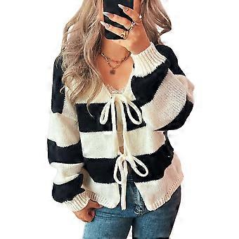 Women'S Loose Casual V-Neck Long-Sleeved Sweater Jacket Striped Contrast Lace-Up Knitted Cardigan Red X