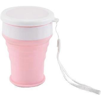 Copo de viagem dobrável de silicone com tampa, copo portátil para caminhadas e camping ao ar livre, rosa, 350ml