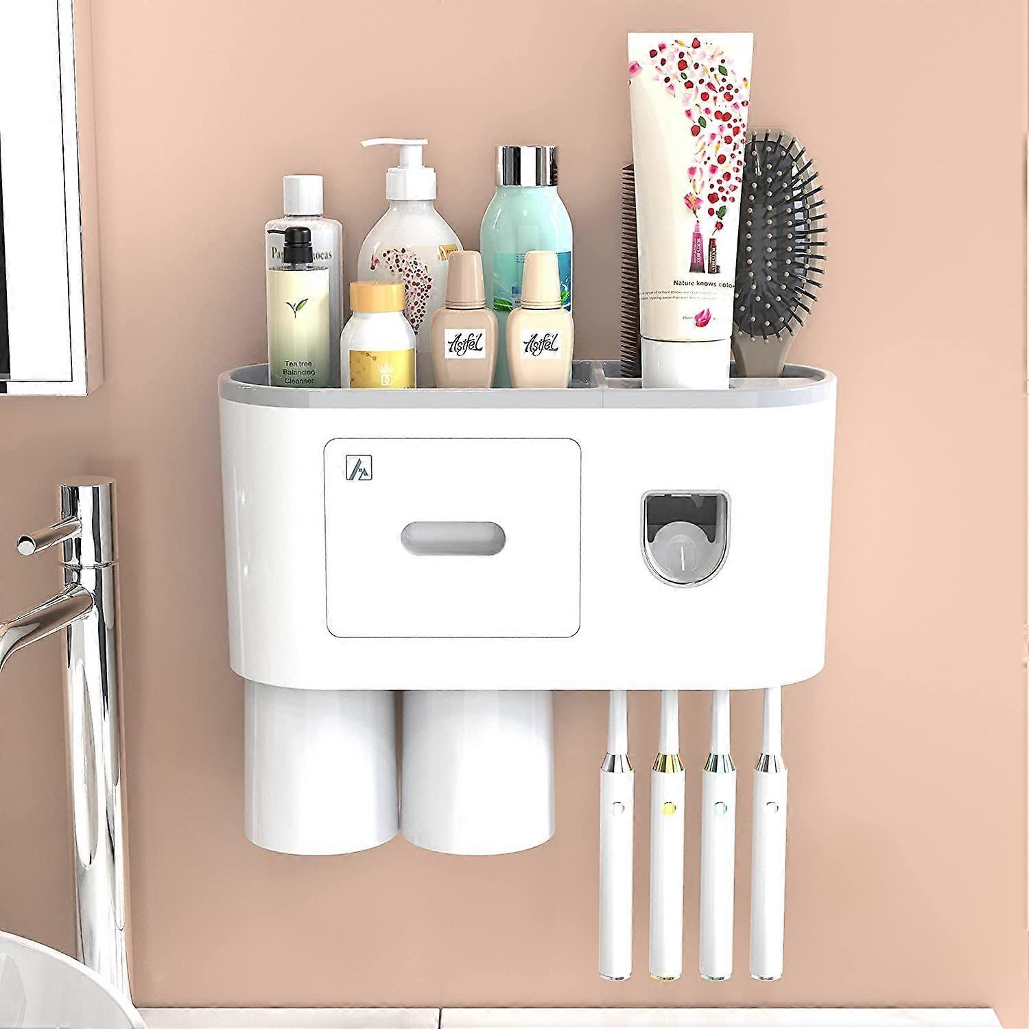 Toothbrush Holder with Toothpaste Dispenser-Multifunctional Wall Mounted Space-Saving Automatic Toothpaste Dispenser Squeezer Kit, 4 Toothbrush Slots,