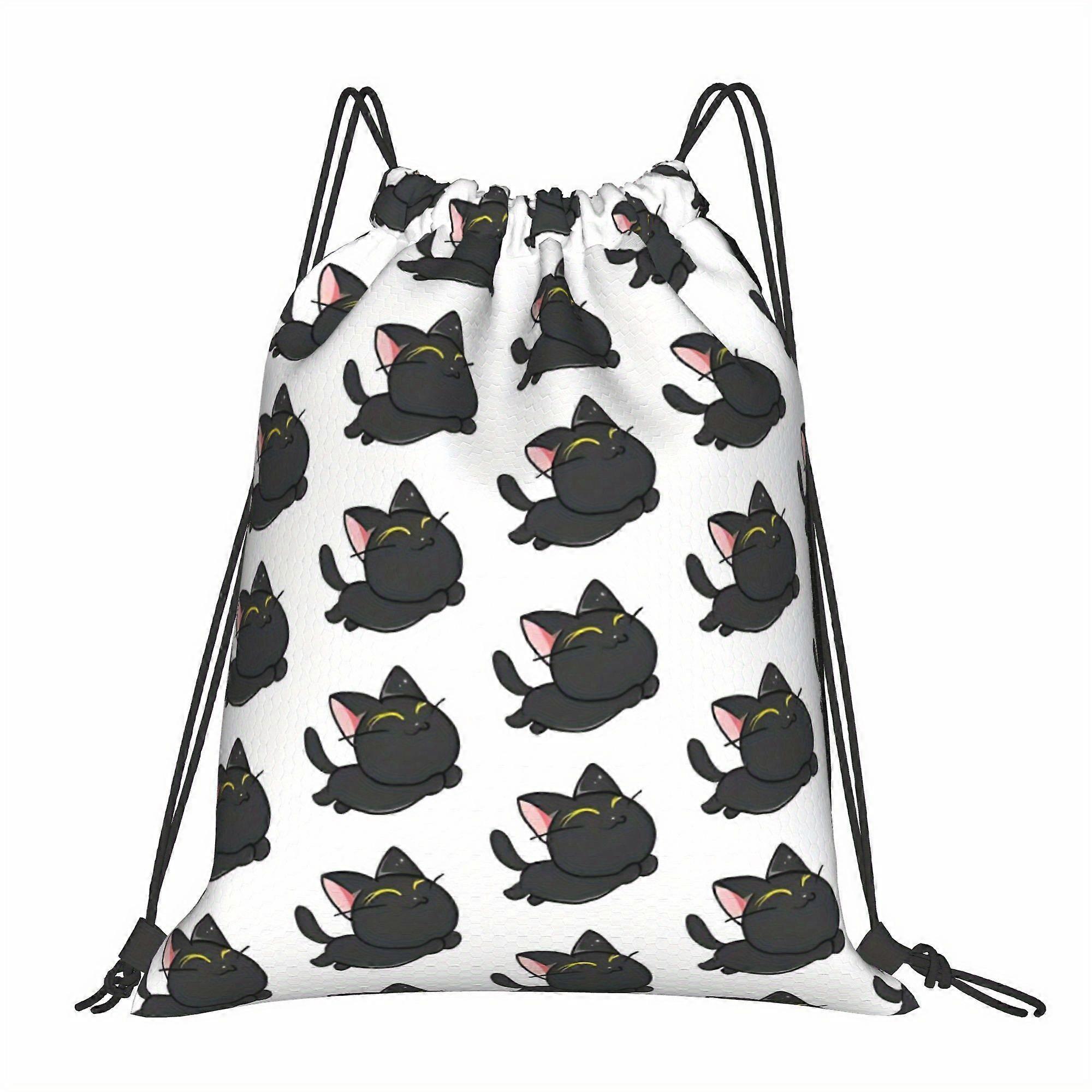 Chubby Black Leaping Cat Drawstring Bags-Cqazw