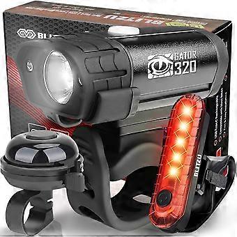 BLITZU Gator 320 USB Rechargeable Bike Light Set with Bell, Super Bright LED Front & Rear Lights, 5+4 Modes, Waterproof & Fast Charging for Night Cycl