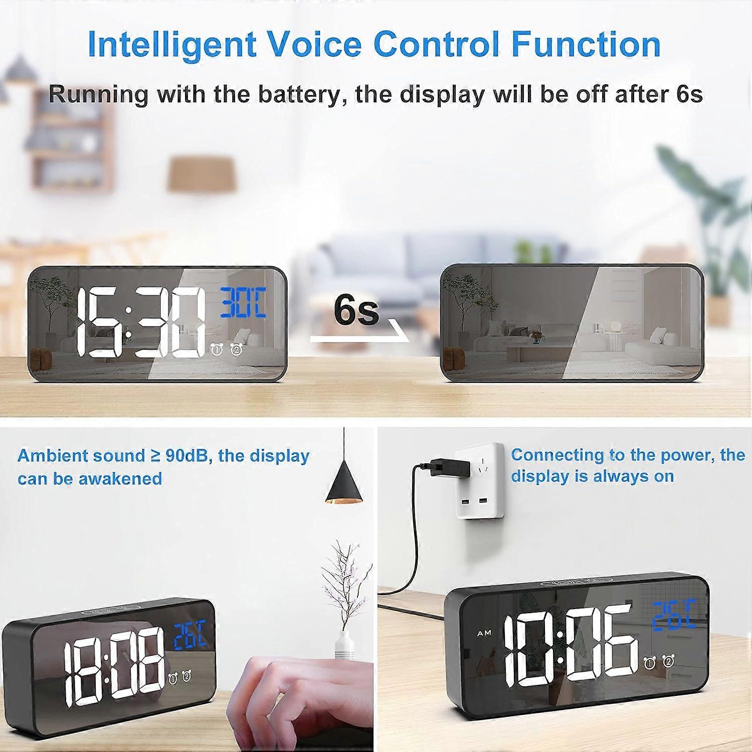 Digital Alarm Clock  LED Digital Clock with Temperature Display  Portable Clock with 2 Alarms  Portable Mirror Alarm  USB Rechargeable