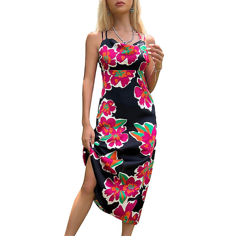 2023 فستان نسائي جديد مطبوع فستان سابن متوسط الطول