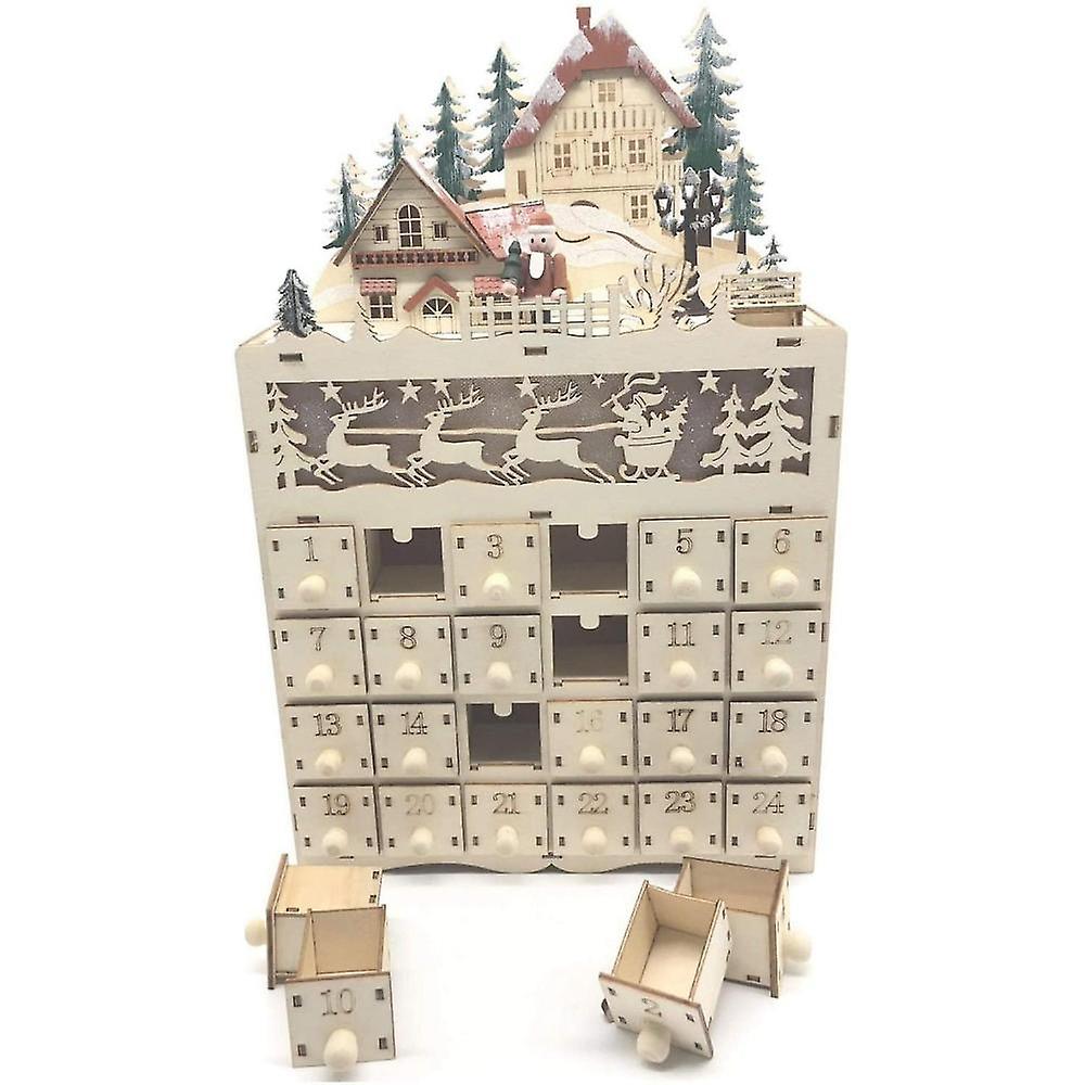 Conto alla rovescia del calendario dell'avvento natalizio in legno per la decorazione natalizia a led 24 cassetti con led
