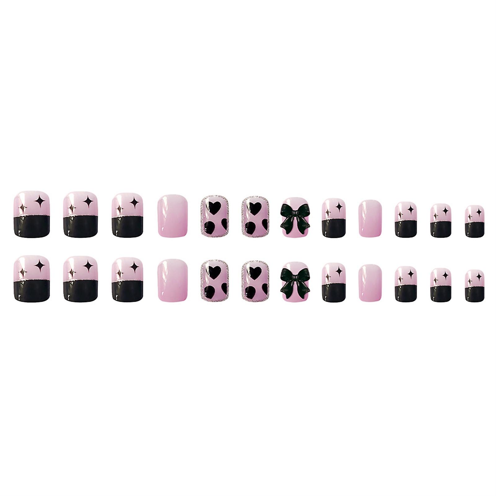 Handmade Square Fake Nails Set Black Bow Star Full Cover Stick On Nails With Glitter For Diy At-home Manicure Kit