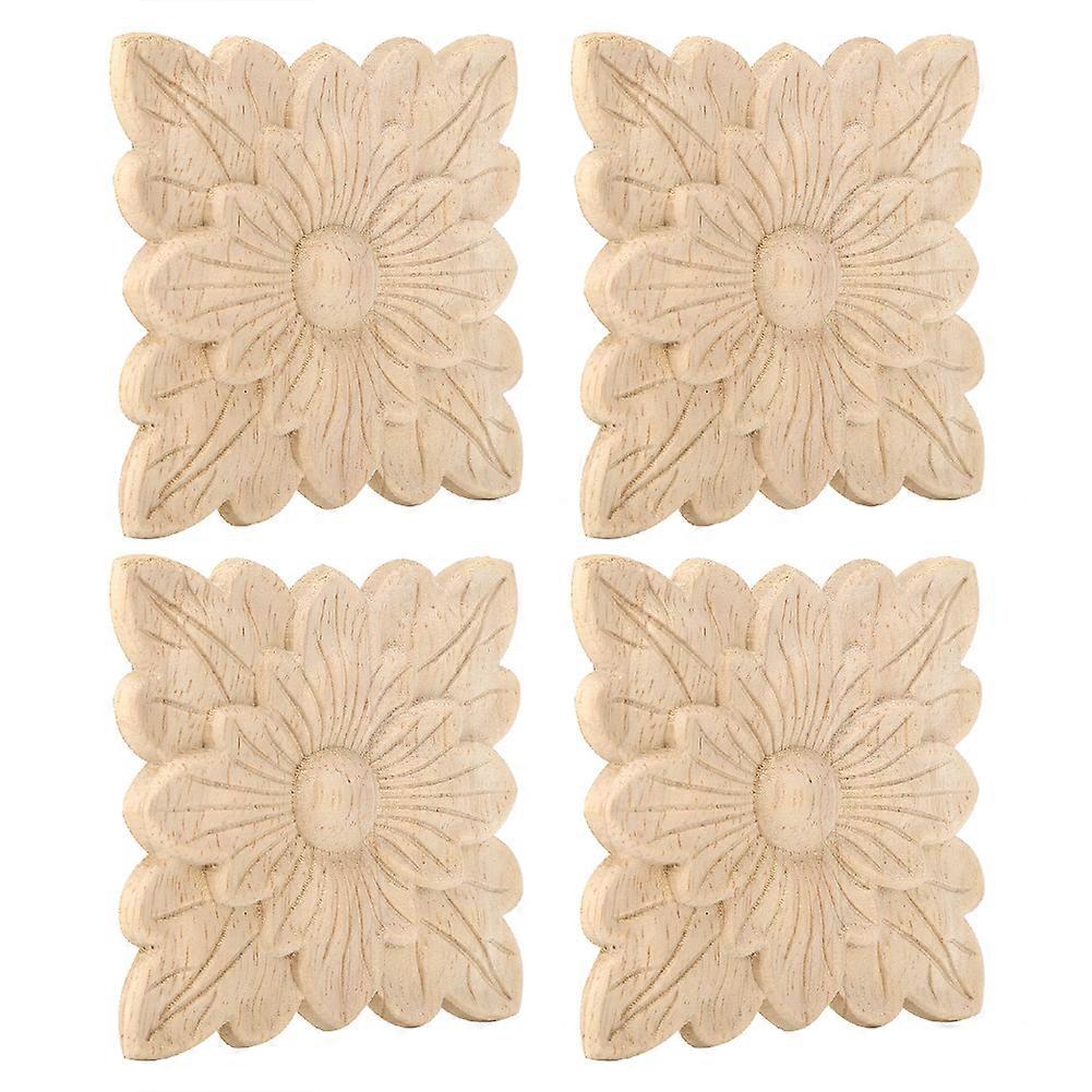 4Pcs Wood Carved Flower Pattern Applique for Furniture Decoration and Garden Door Accessories, Rustic Style, 3D Design