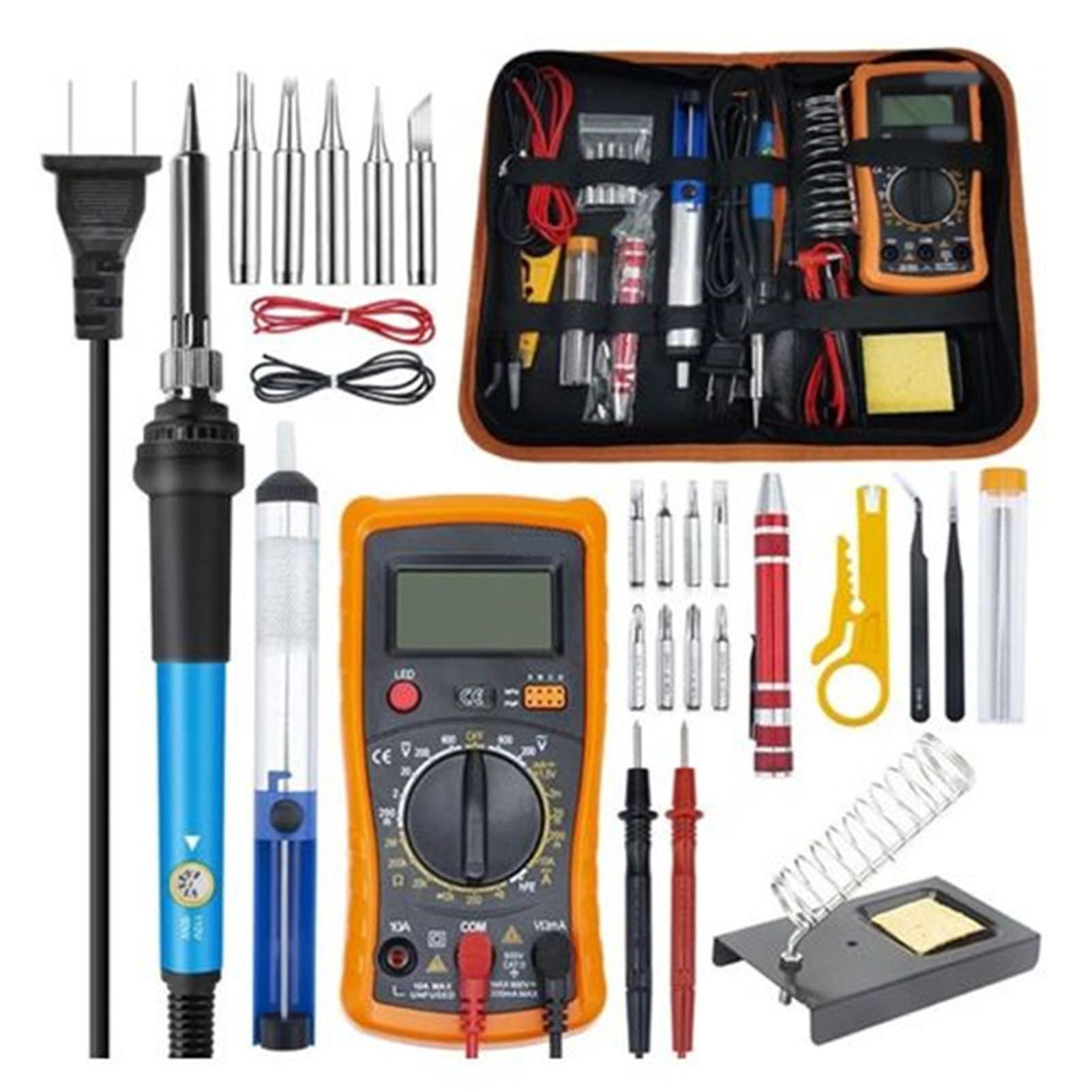 60W Soldering Iron Multimeter Tool Set with Stand, Desoldering Pump and Wire Stripping Pliers