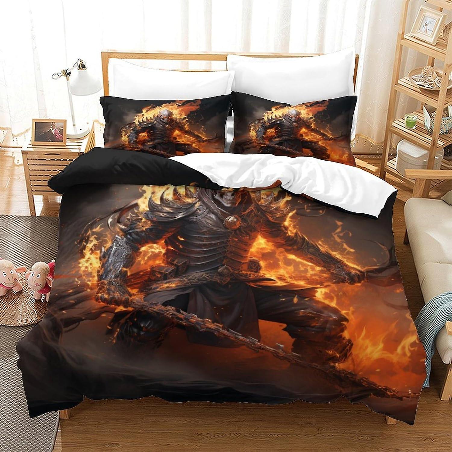 HOUKIG Skeleton Flame - poszwa na kołdrę 3D, zestaw pościeli bawełnianej, łatwa w pielęgnacji poszewka na kołdrę i poszewka na poduszkę z nadrukiem, styl Makoto Shinkai, dla dorosłych i dzieci