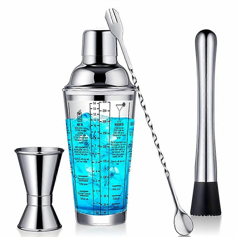 プロバーテンダーキット:4ピースのステンレス製カクテルシェイカー、マドラー、ジガー&スプーン - ホームバーやプロのミクソロジスト向け