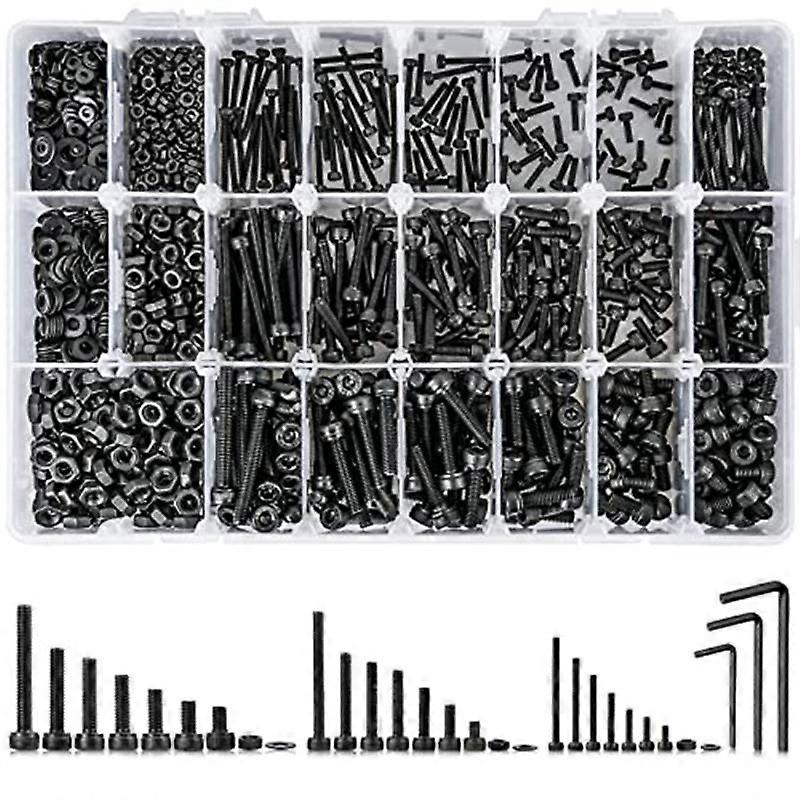 1260PCS Metric Bolt Assortment M2 , 21 Sizes Screws Nuts and Hex Socket Cap Machine Kit Black