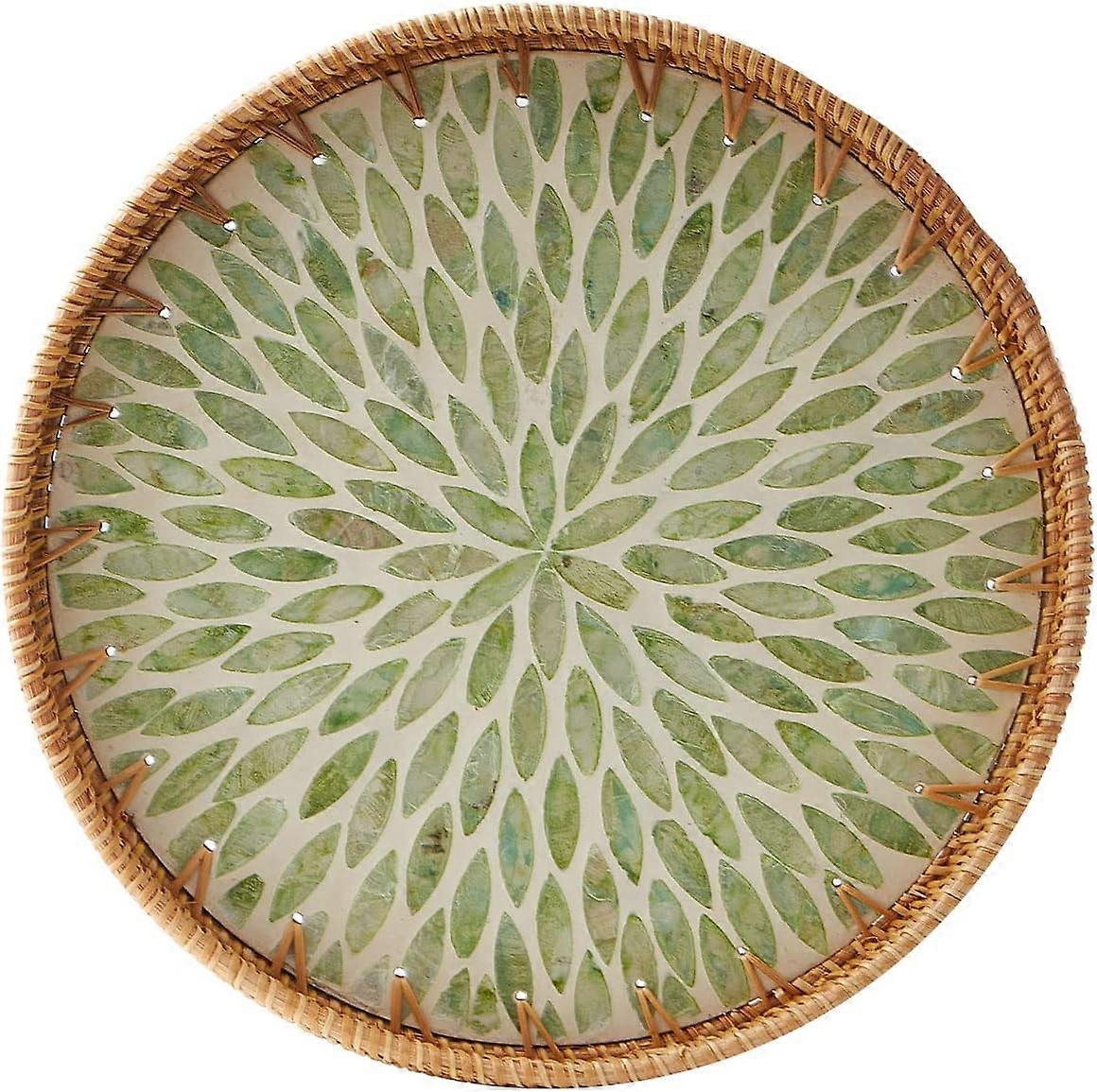 Round Rattan Tray with Mother of Pearl Inlay, Rattan Serving Tray with Wooden Base