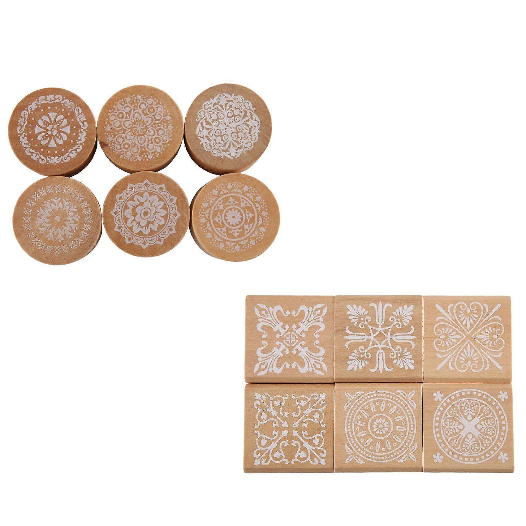 12Pcs Wooden Floral Pattern Circles and Squares Decorative Rubber Wooden for DIY Craft Card and Scr
