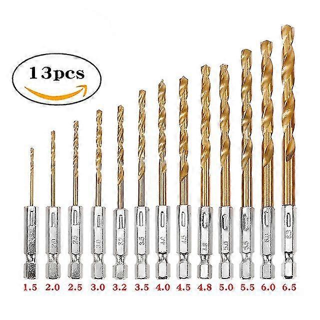 13pcs Hexagonal Handle Titanium Plated Twist Drill Hss High Speed Steel Titanium Coated Drill Bit Hex Shank Tools 1.5-6.5mm