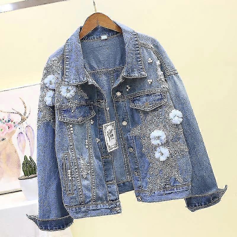 Kot Ceket Nakışlı 3d Çiçekler Delik Kovboy Dış Giyim İlkbahar Sonbahar Nedensel Denim Ceket