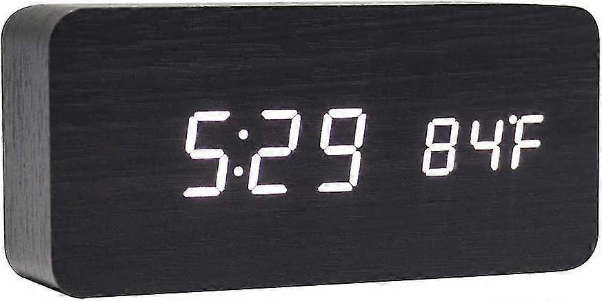 Wooden Digital Clock - Multifunction Led Alarm Clock With Time/date/temperature Display And Voice Control For Home Travel - Ac11black_white