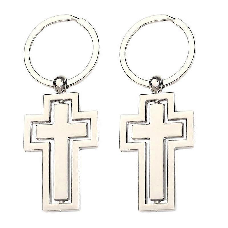 2pcs silver cross gift keychains religion theme key holder rotating pendant zinc alloy key rings craft ornaments