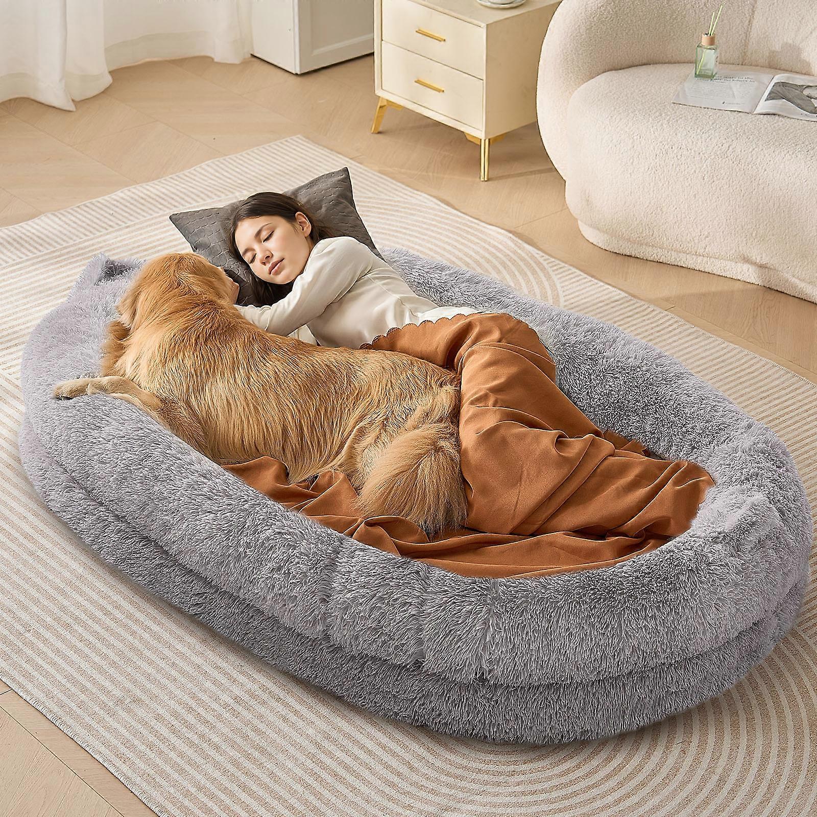 Comparer les prix de Lit de Chien pour Humains et Animaux de Compagnie-VEVOR-182x122x25 cm-avec Housse en Velours PV Lavable-Gris Clair