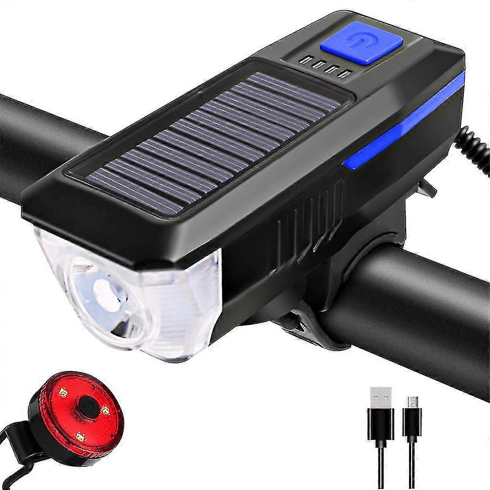 Bike Light Set And Horn Solar Powered Usb Rechargeable  Bicycle Headlight Taillight Combinations Front Back Light Tail Light Led Speaker