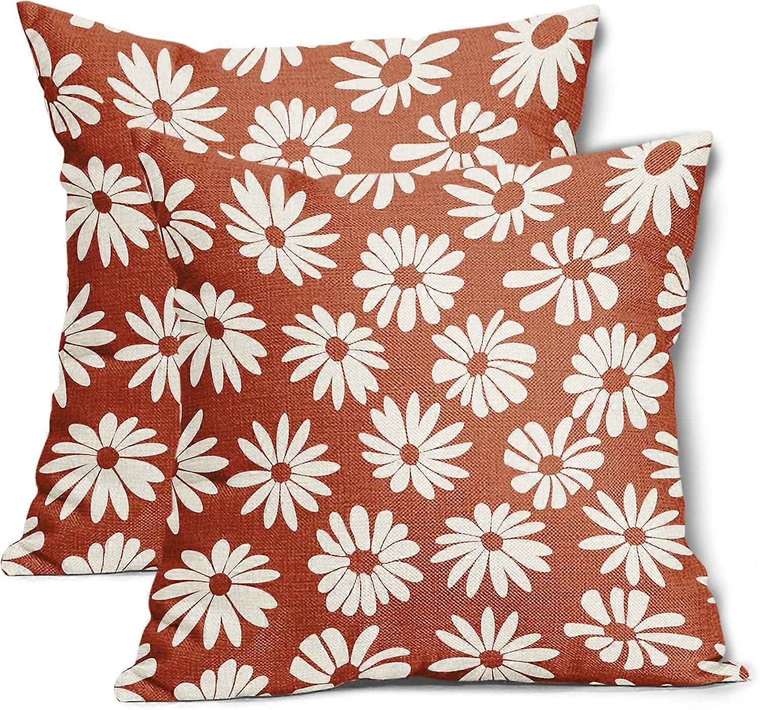 焦げたオレンジの枕カバー20X20インチの白い花のデイジー幾何学装飾的なソファ枕ケース春夏の花投げ枕2つの農家のセット