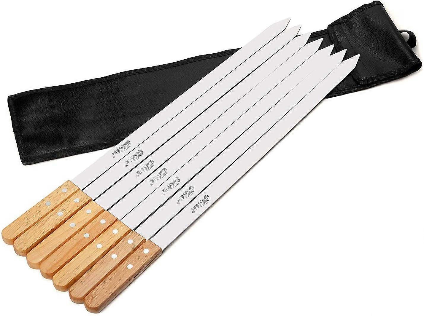 Bbq Skewers, Extra Long 60Cm Stainless Steel Skewers With Solid Oak Handle, Set Of 7