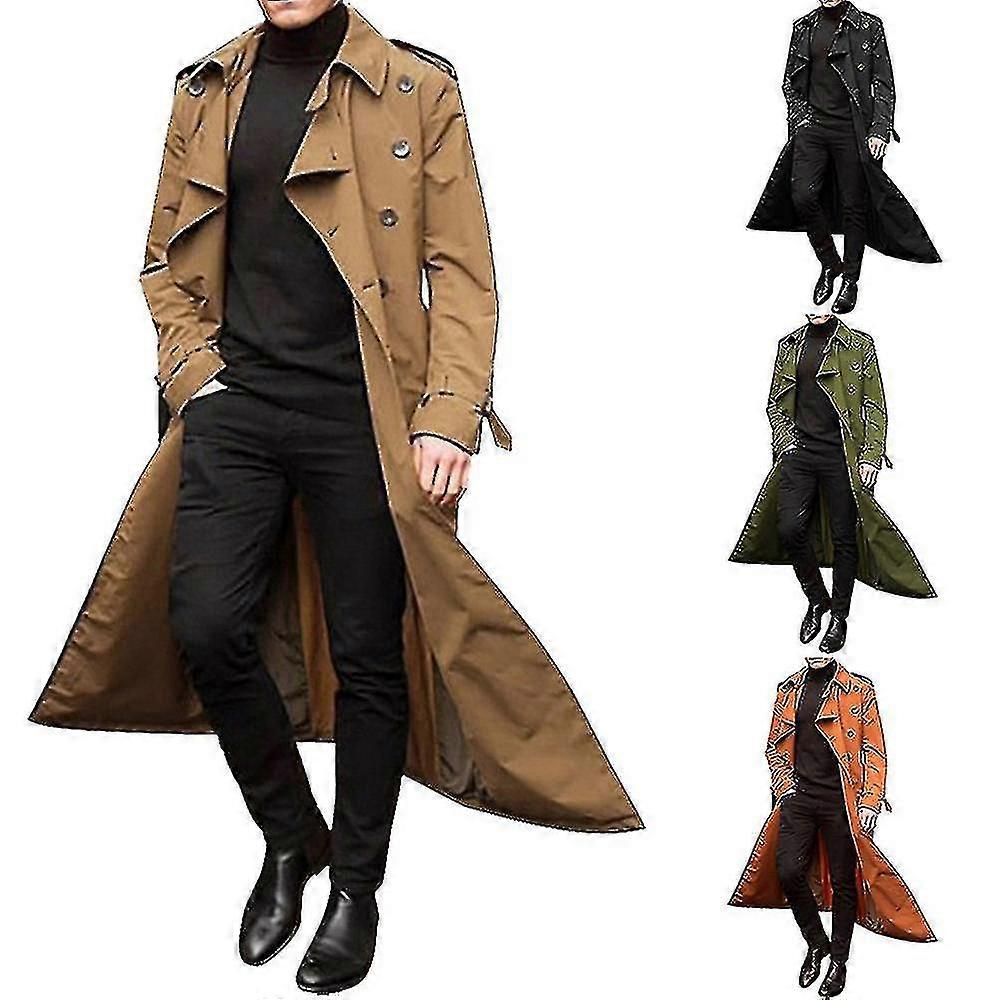 Men Trench Coat Double-breasted Lapel Windbreaker Male Long Jacket Outerwear