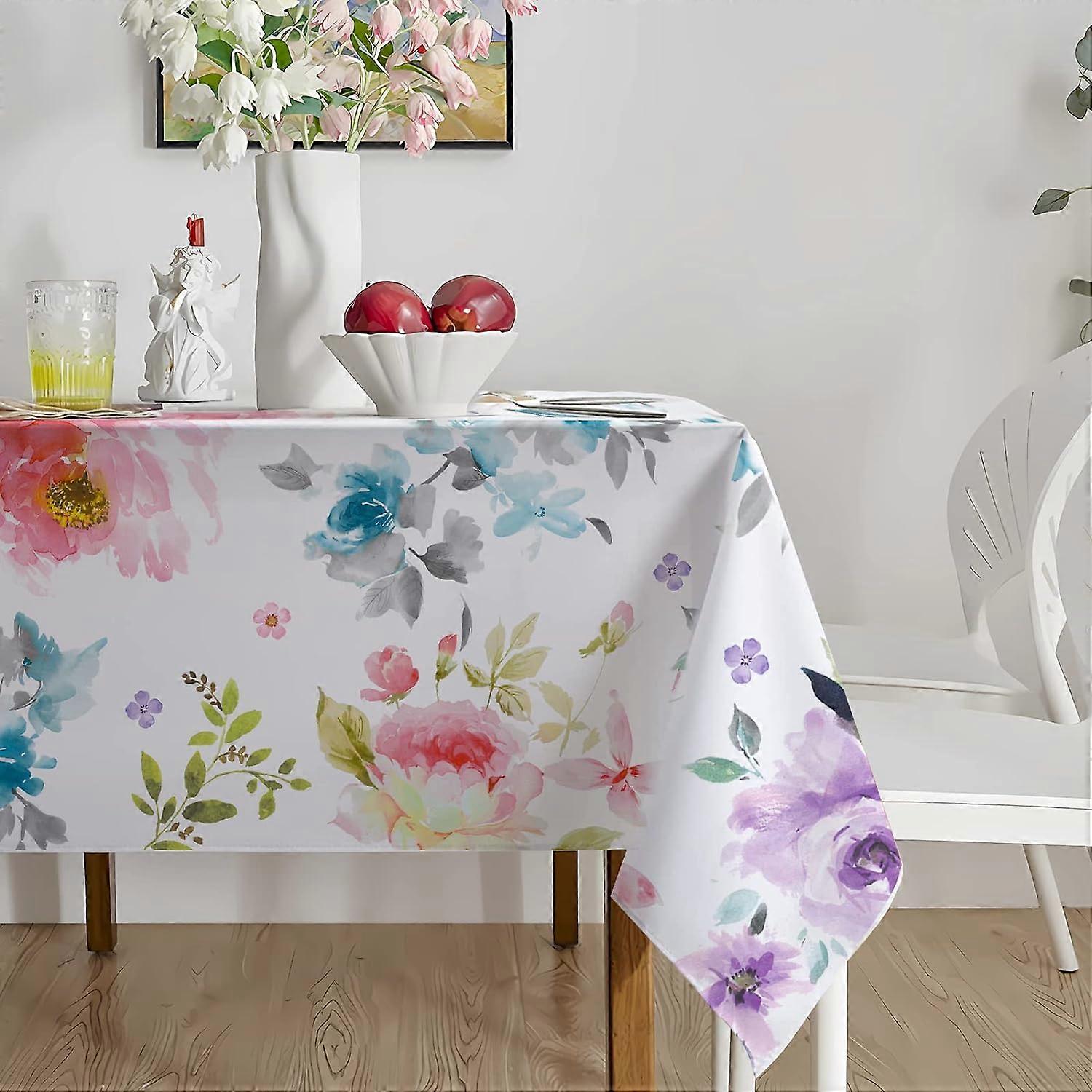 Spring Rectangle Tablecloth Waterproof Watercolor Flower Botanical Border Fabric Table Cloth Stain and Wrinkle Resistant Spring Tablecloth for Dinner 