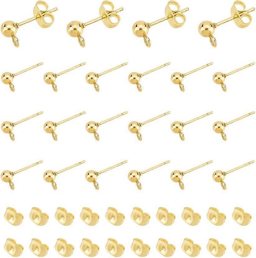 50Pcs Stainless Steel Stud Earring Findings Golden Ball Post Stud Earrings with Ear Nuts and Loop Earring Findings Earring Component for DIY Jewellery