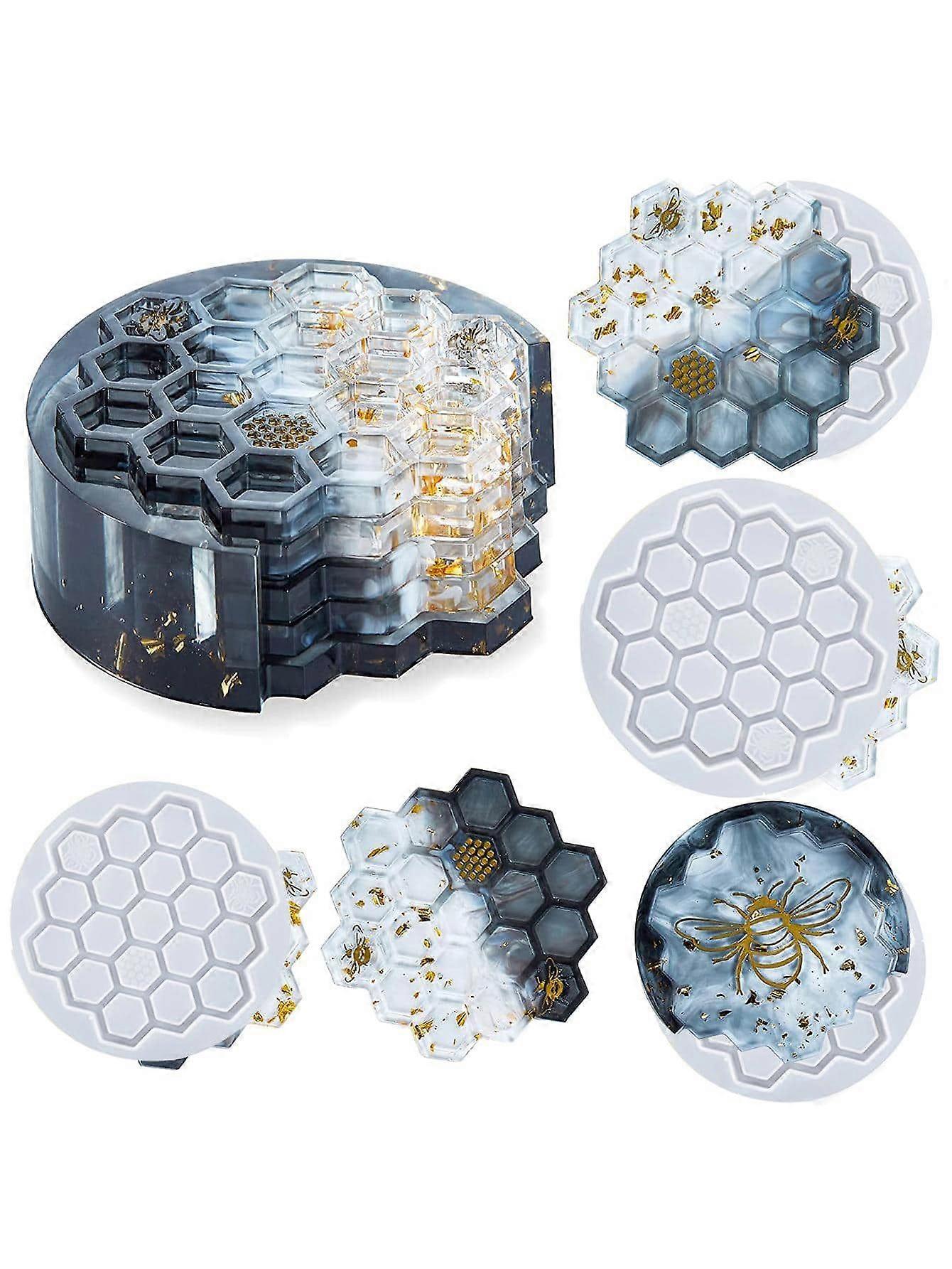 4 قطع مجموعة قالب راتنج كوستر على شكل قرص العسل ، قالب سيليكون كوستر راتنجات الايبوكسي مع صندوق تخزين ، قالب صب راتنج كوستر على شكل قرص العسل ، الحرف الراتنج DIY Epox