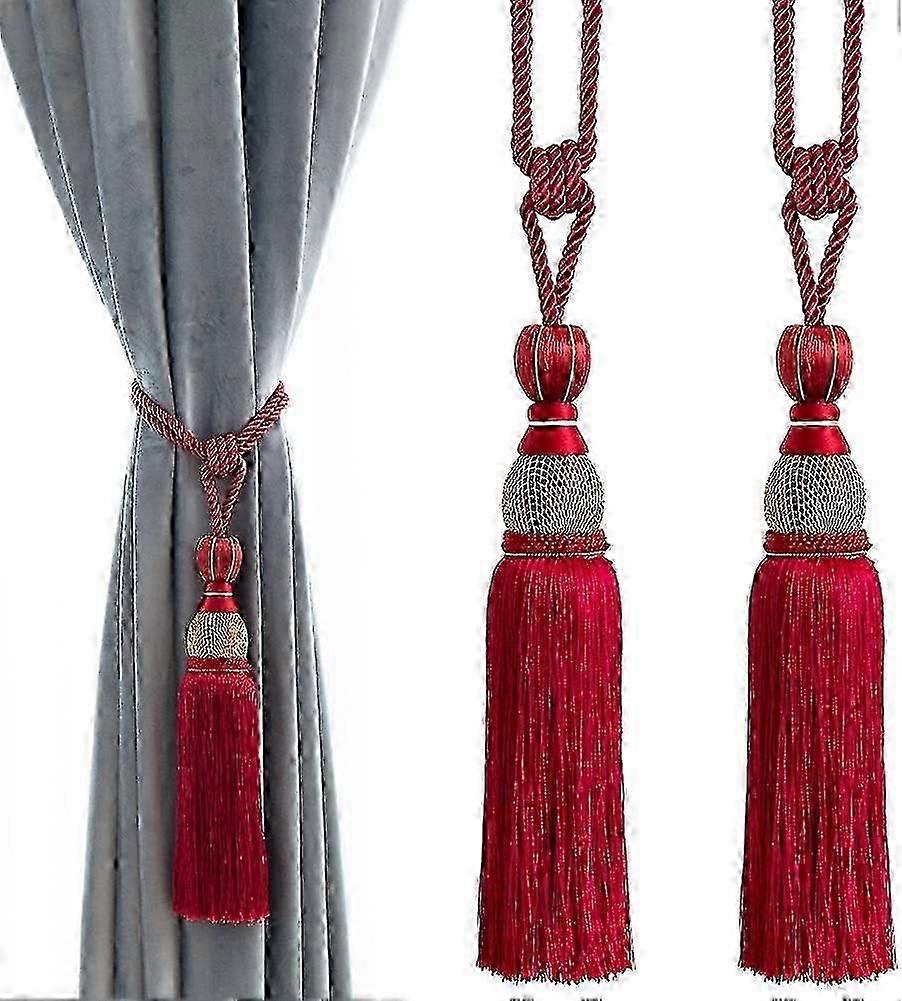 דקורטיבי וילון קשירה כדור פרנזים עכבות - משרד ביתי וילונות מהדקים קלועים קלועים חבלי שוליים אבזם, סט של 2 (אדום)