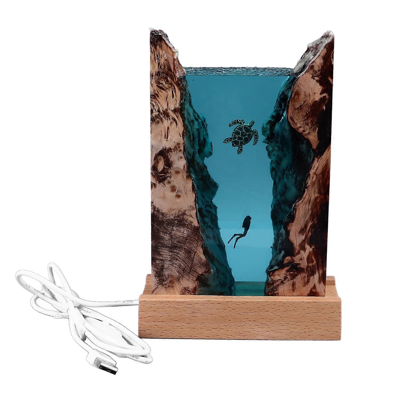 Divers Turtle Resin Lamp with USB Cable Button Switch LED Ocean Lamp for Ocean Lovers Ornament Desktop Art Decoration
