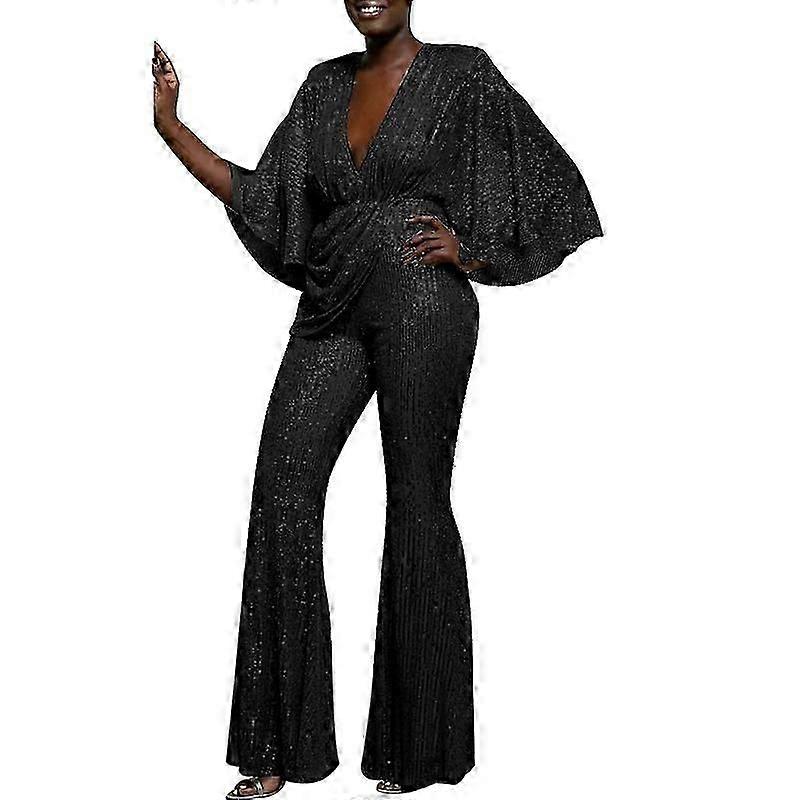 Women's Sequin Sexy Deep V Open Back Overalls Jumpsuit Pants Sequins Rompers W