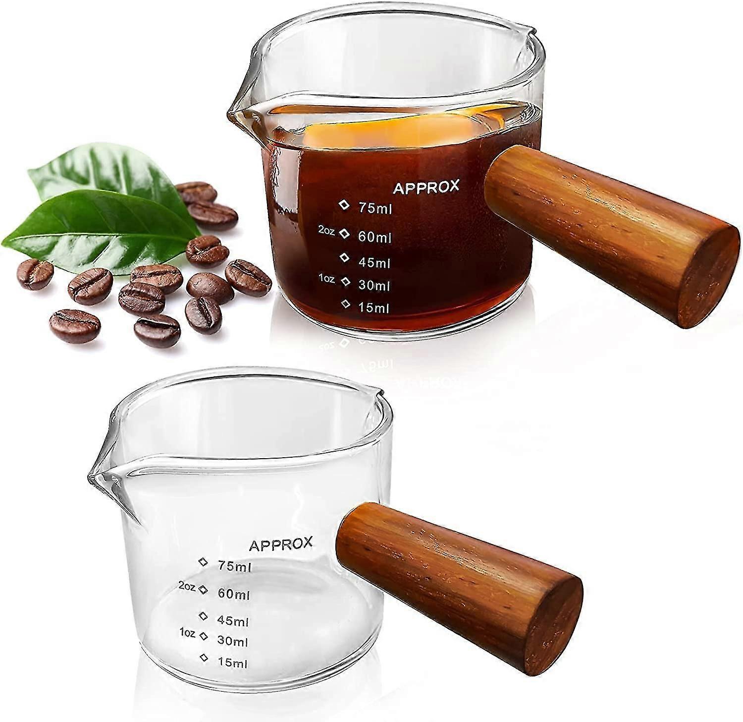 2er-Pack Messbecher mit Doppelausguss und Holzgriff, Milchbecher 75 ml, Espresso-Schnapsgläser