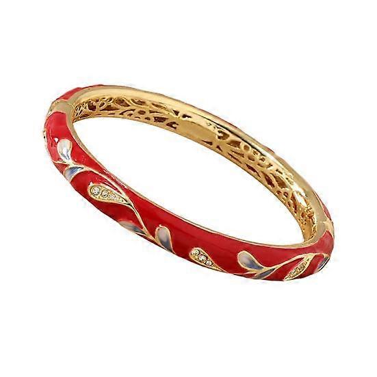 Vintage Cloisonne Bangle Hollow Out Engraved Floral Enamel Retro Ethnic Style Smooth Rhinestone Decor Triple Protection Magnetic Ring Bracelet