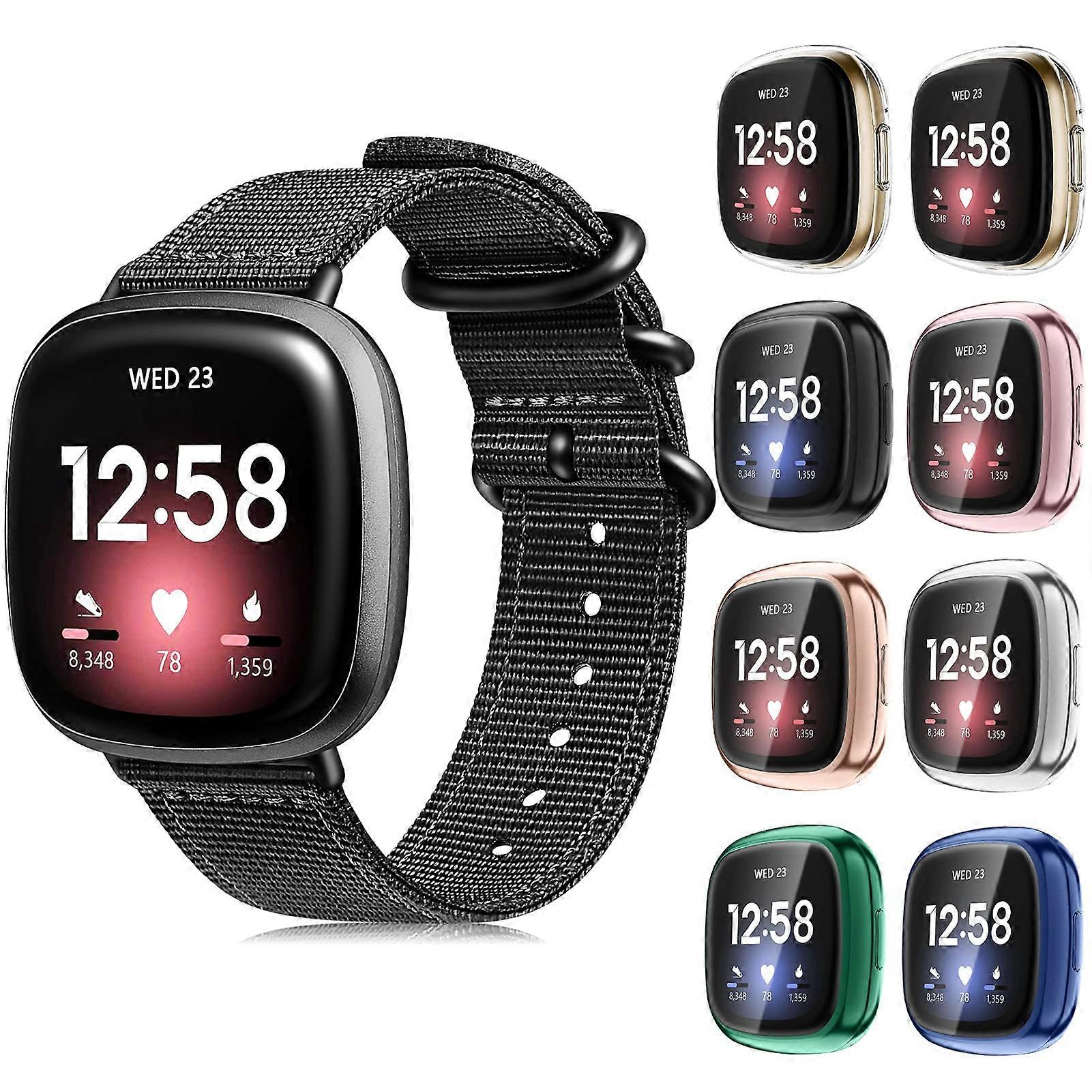 Nylon Band for Fitbit Versa 3/4, Sense 2/Sense with 8 Pack Cases, Adjustable Lightweight Design, Multi-Color Options