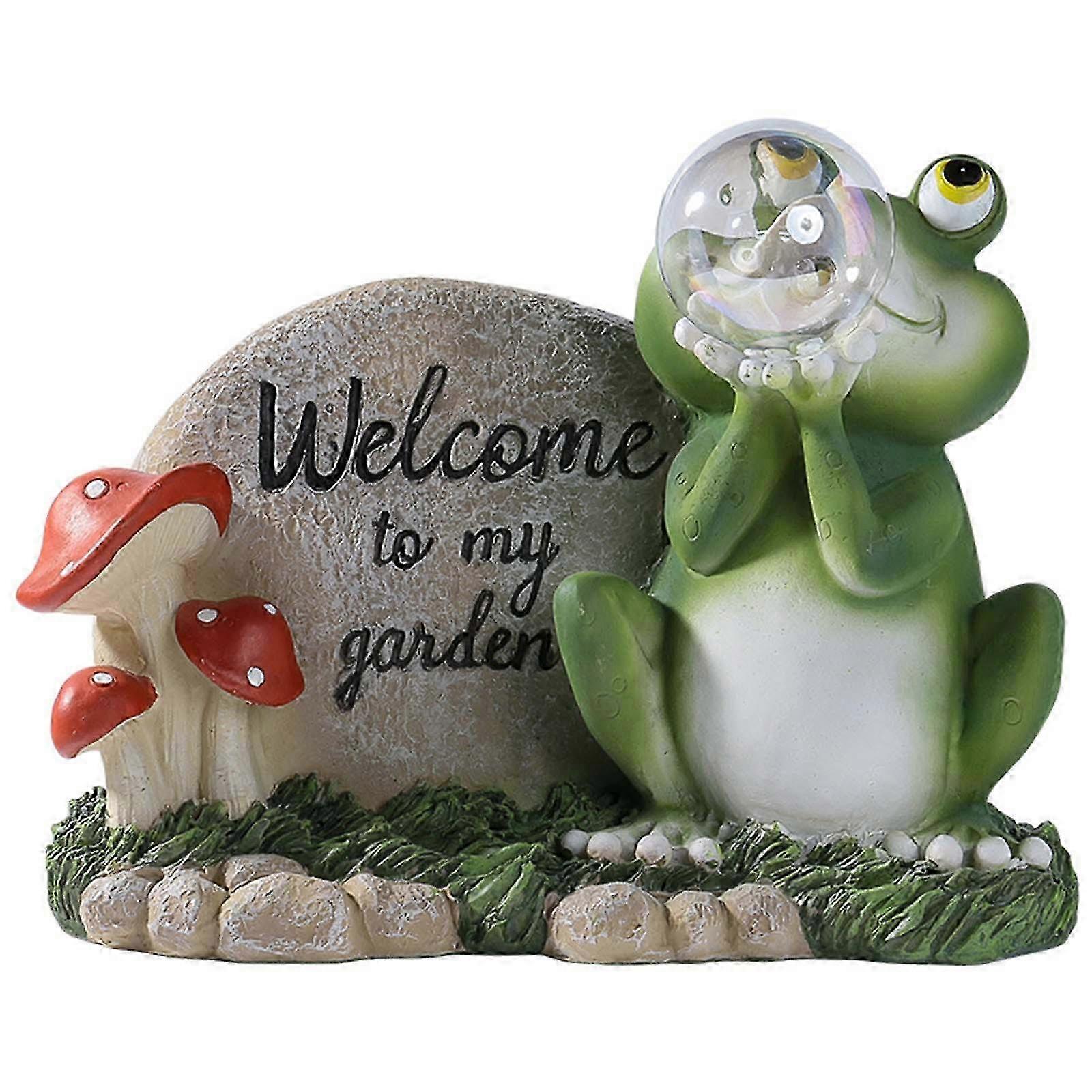 Solar Garden Statue for Frog Blowing Bubble Color Changing Light Welcome Sign