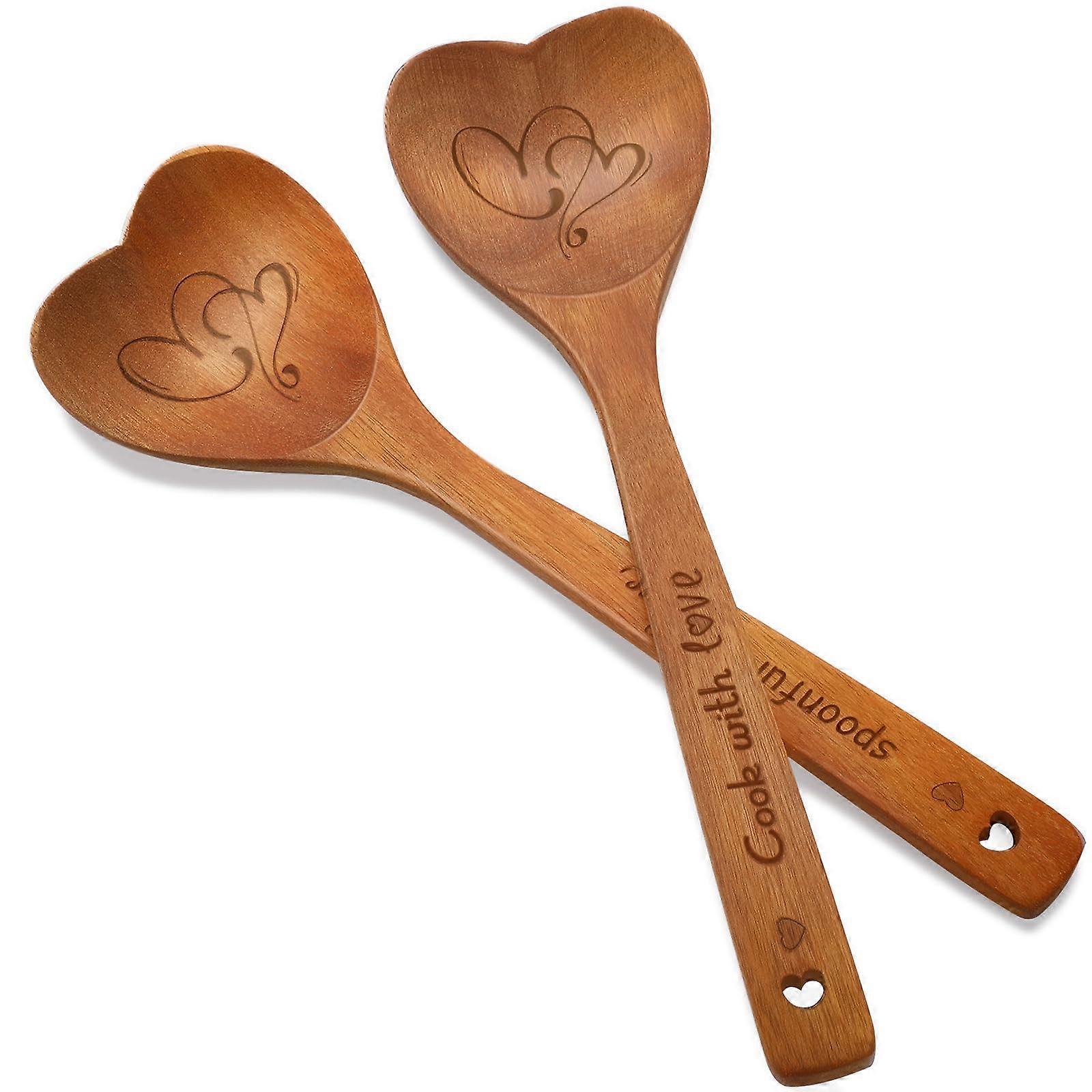 2 Pcs Wooden Heart Shaped Spoons for Valentines Theme Party