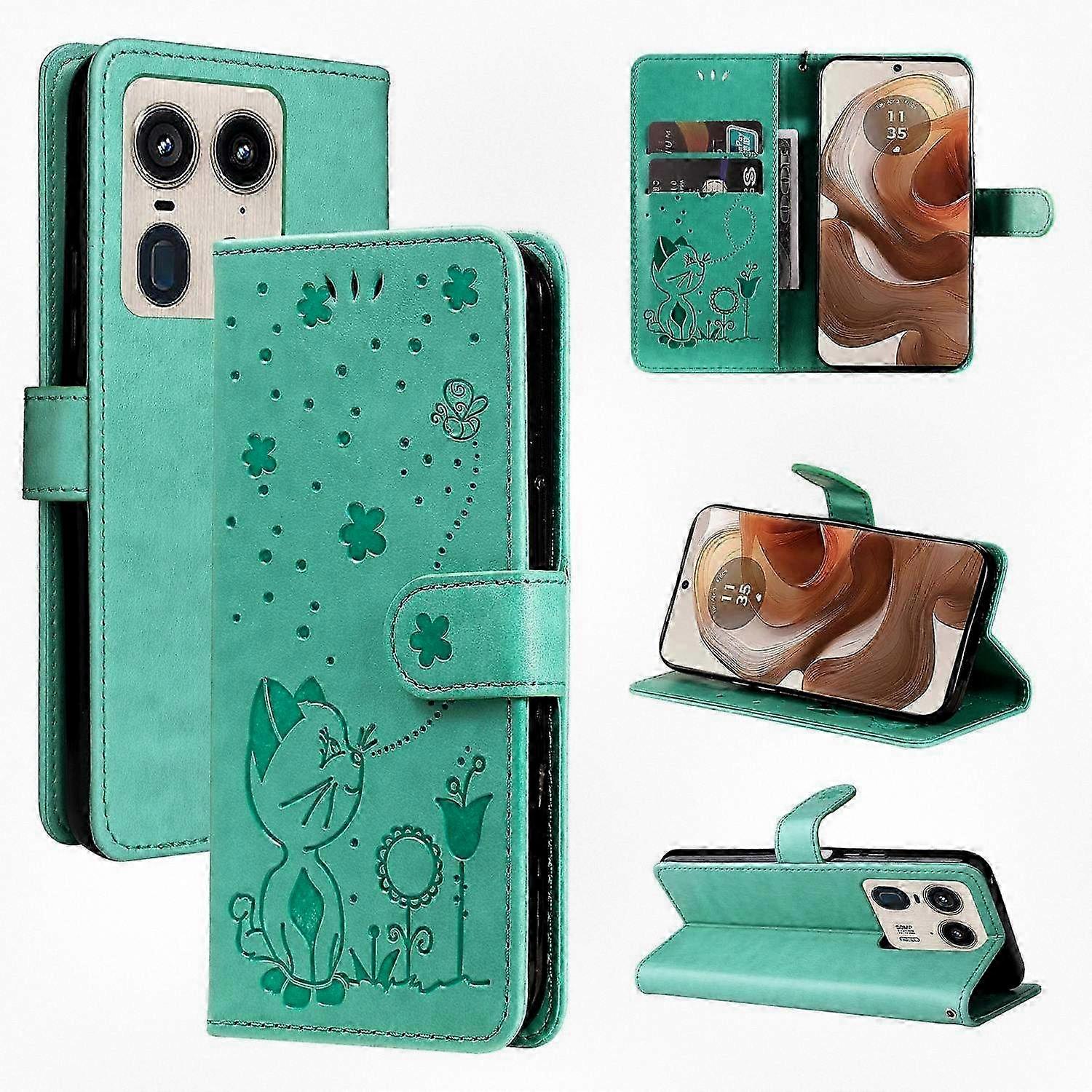 Leather Case Suitable for Motorola Edge 50 Ultra Featuring Cat and Bee Design