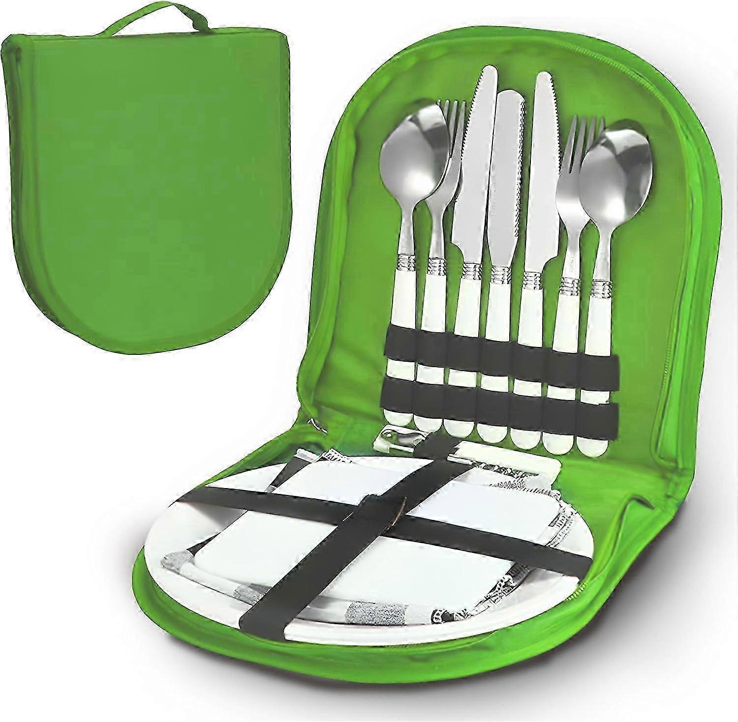 طقم أدوات مائدة تخييم محمول 13 في 1 مع حقيبة مقاومة للماء للمشي لمسافات طويلة في الهواء الطلق (أخضر)