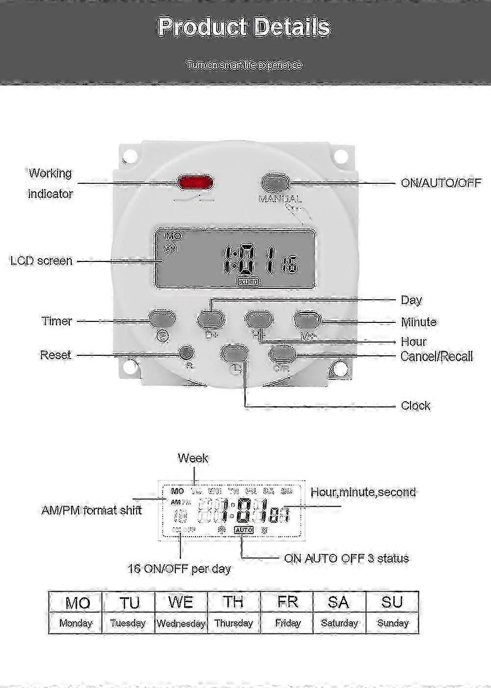 12V 24V 110V 220V Digital Timer Switch 7 Days Weekly Programmable Time Relay with Built-in Rechargeable Battery
