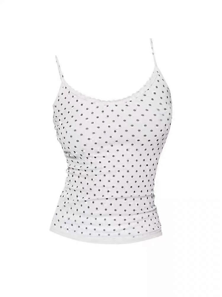 Kawaii Sweet Lace Tanks Women Aesthetic Chic Korean Fashion Y2k Harajuku Streetwear Polka Dot Printing Slim Tees Tops Soft Hot Gril