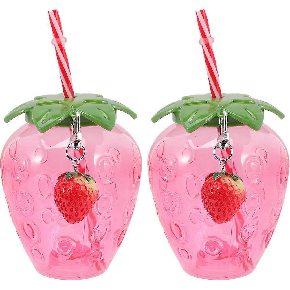 Fruit Mug Cartoon Strawberry Beverage Bottle With Straw 2Pcs