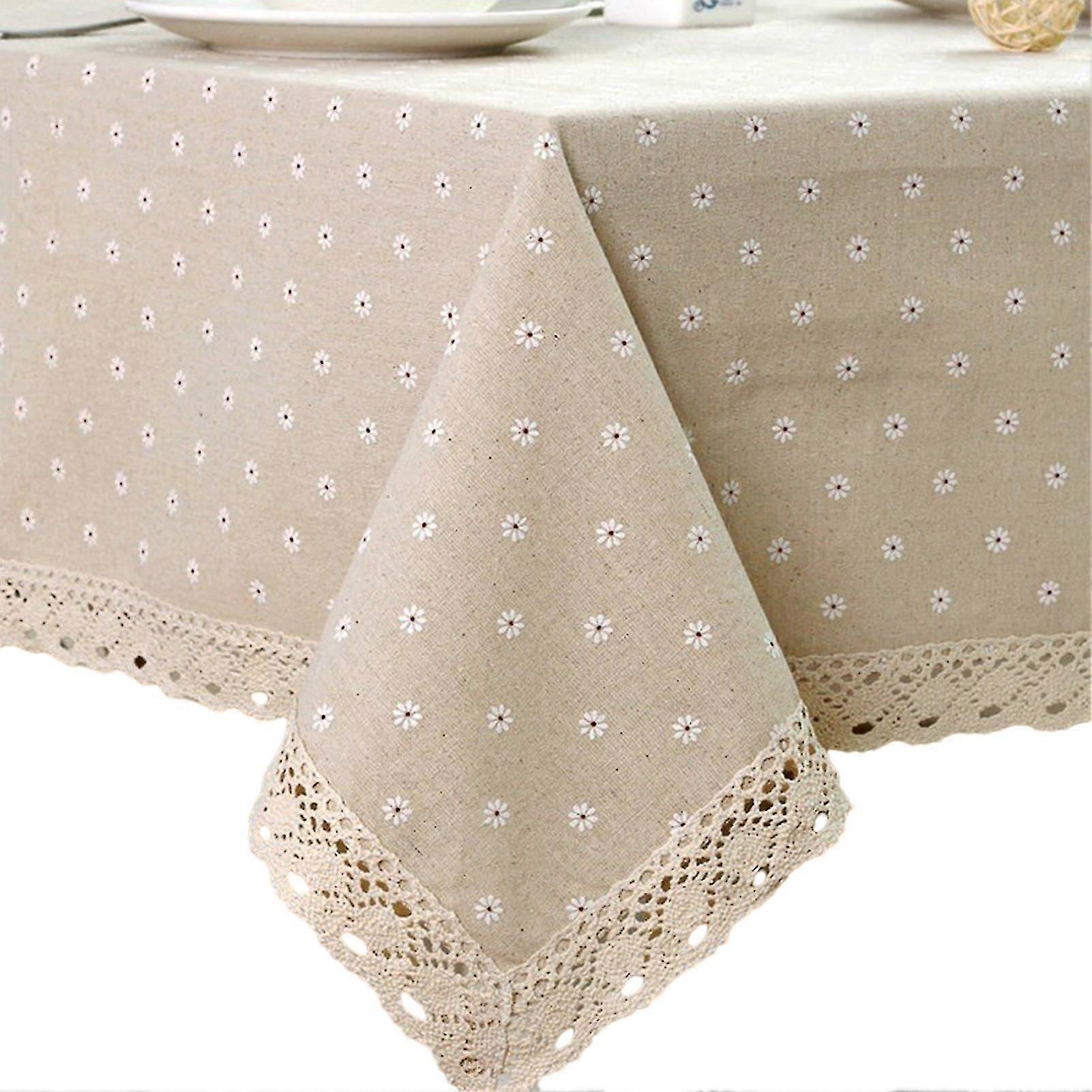 Flower Pattern Tablecloth Linen Cotton Table Cloth with Lace Dining Table Cover
