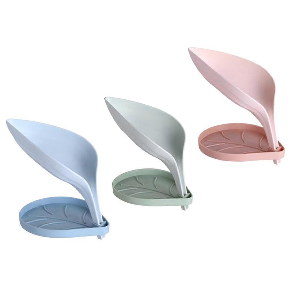 Plastic Soap Case Leaf Design Solid Color for Storage 3Pcs Bathroom