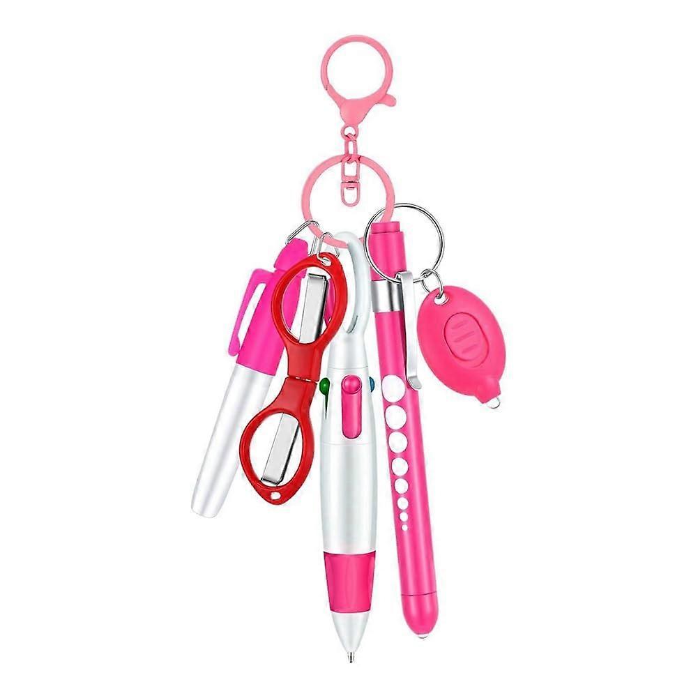6 in 1 Multi-Function Pink Ballpoint Pen Set with Flashlight, Scissors, Keyring, and Nurse Pen Features