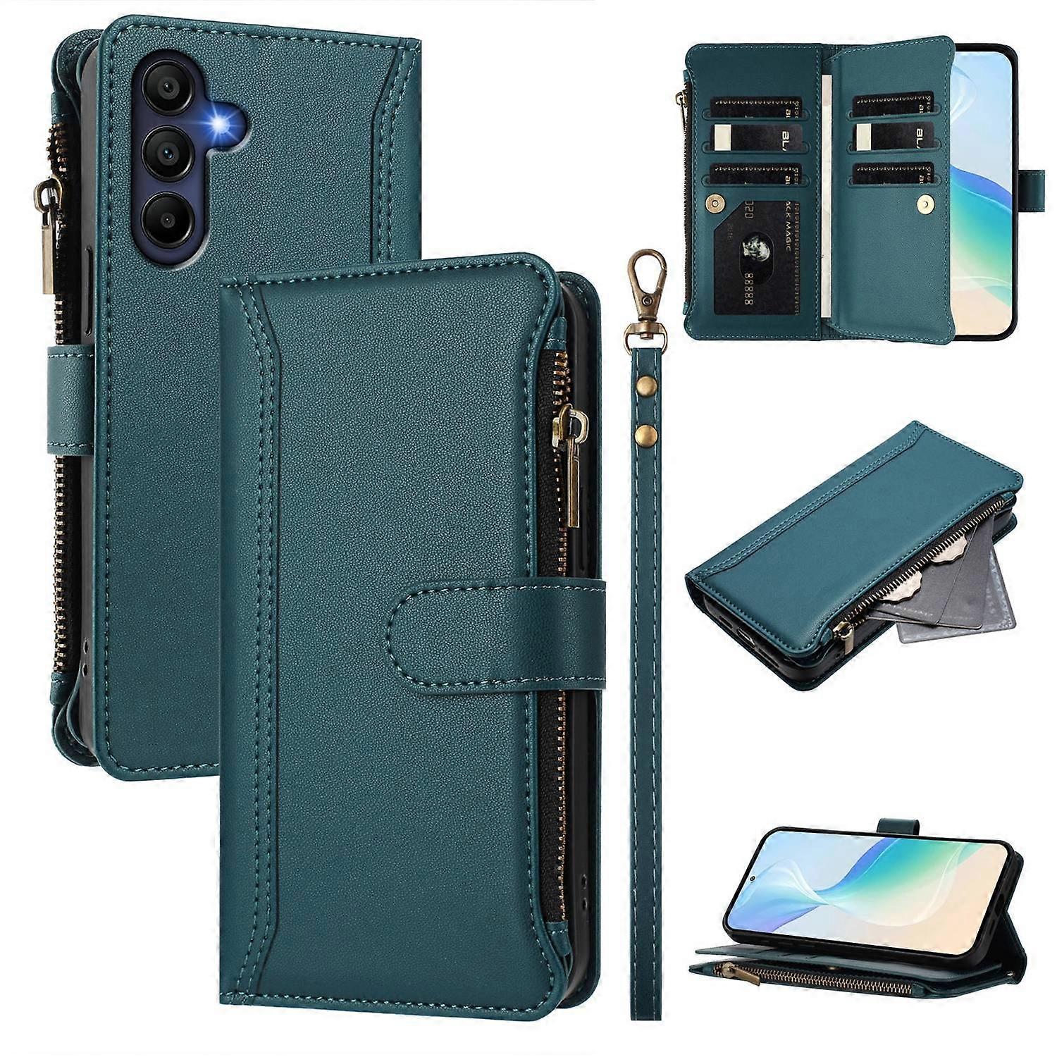 For Samsung Galaxy A26 5G Leather Case 9 Card Slots Zipper Wallet Stand Phone Cover with Wrist Strap