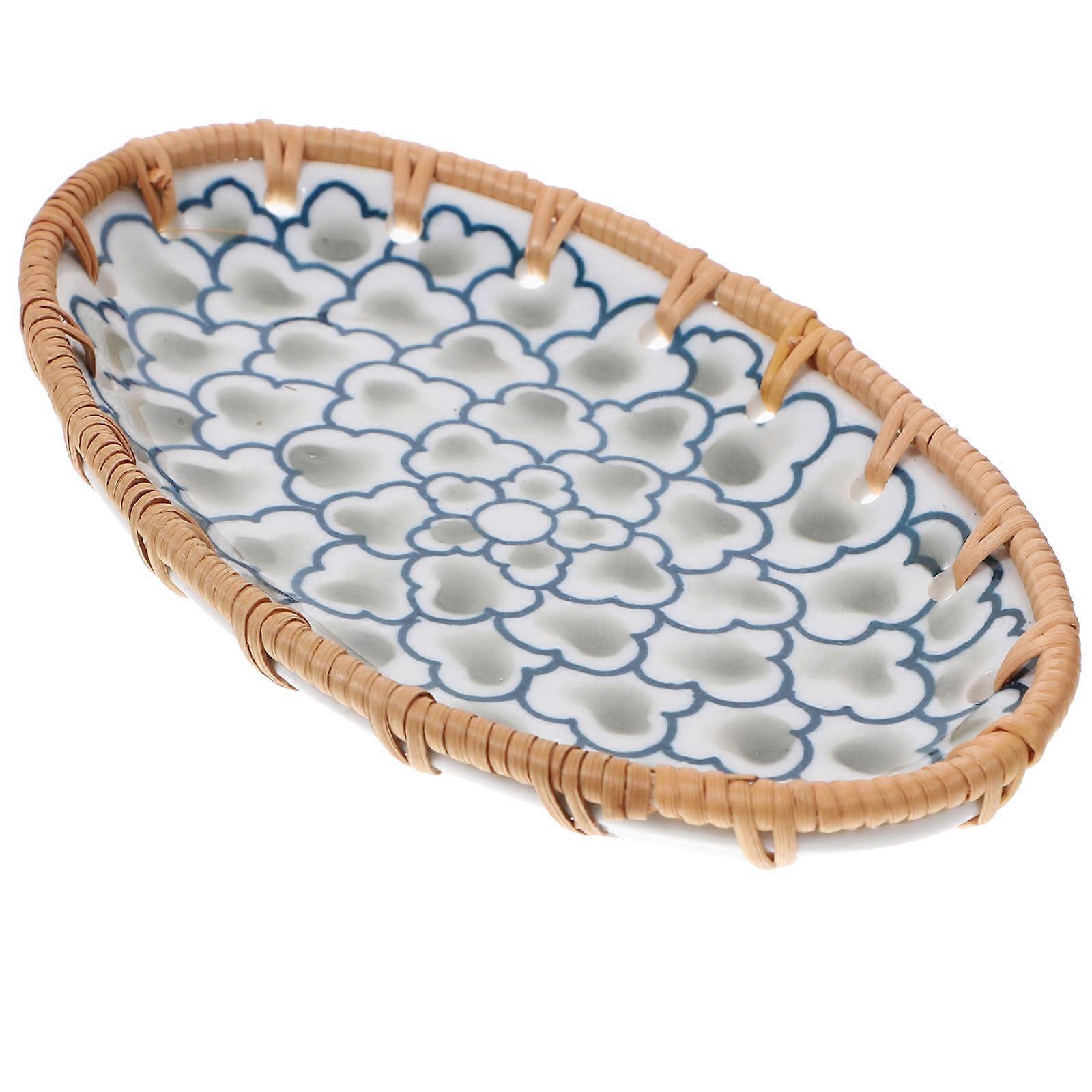 Ceramic Food Tray with Bamboo Decoration for Decor Multi Color 9.84 x 6.3 Inches